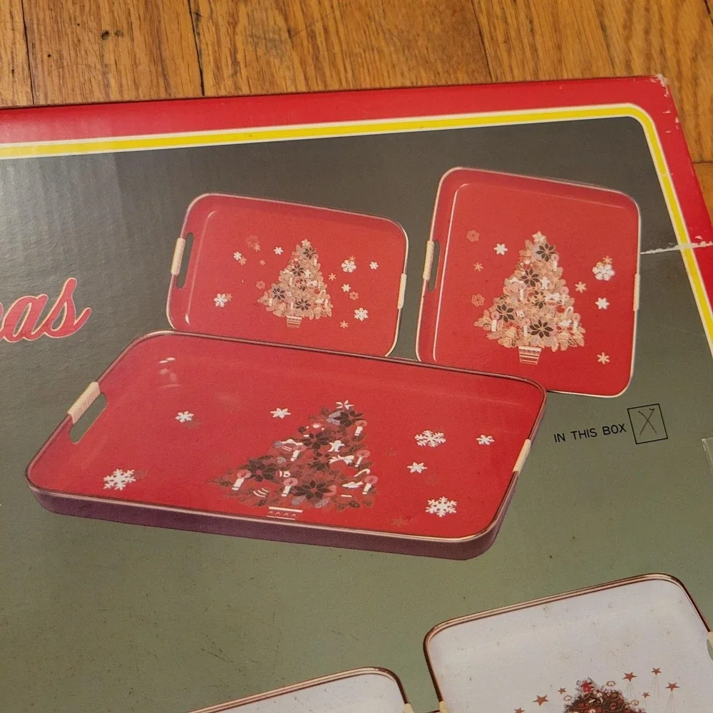 Lacquer 3pc Serving Tray Set Red Christmas Tree Vintage 1985 Retro‎ Home Decor